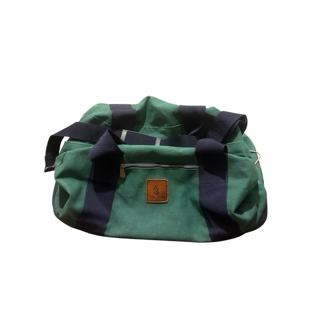 Vintage Nautica Green Canvas Duffel Bag Blue Straps & Leather Logo Patch RARE